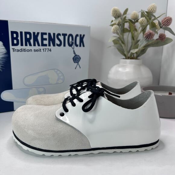 Birkenstock Maine Patent Leather Suede Shoe White Regular Fit Women 7/Men 5 NWB - Picture 1 of 10